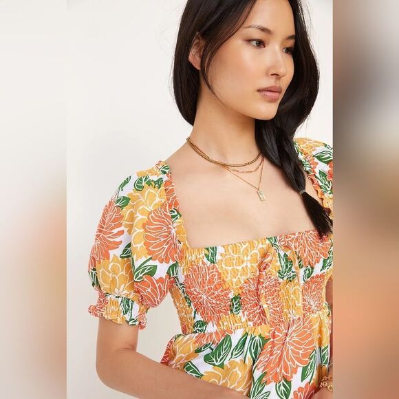 NWOT Faithfull The Brand Linen Mini Dress Size 4 Small Floral Puff Short Spring - Picture 2 of 9